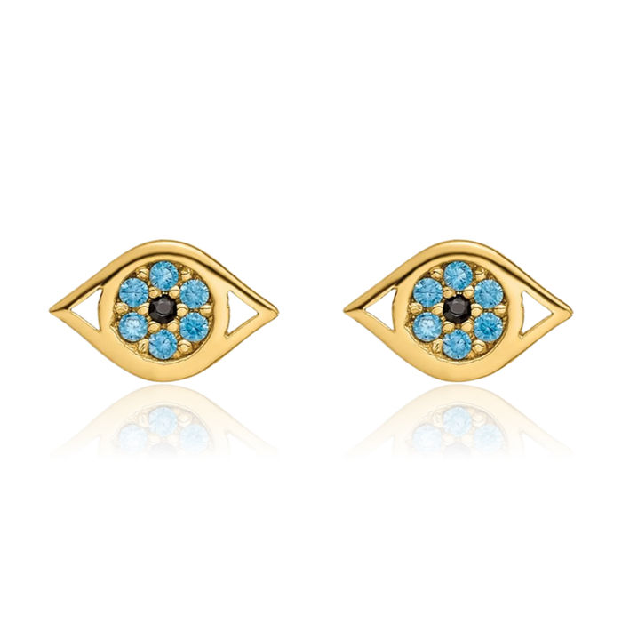 14K Solid Yellow Gold Blue Cubic Zirconia CZ Hamsa Hand of Fatima Evil Eye Protection Good Luck Stud Earrings