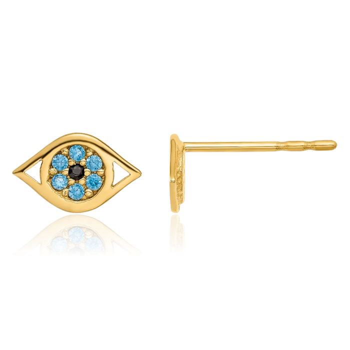 14K Solid Yellow Gold Blue Cubic Zirconia CZ Hamsa Hand of Fatima Evil Eye Protection Good Luck Stud Earrings