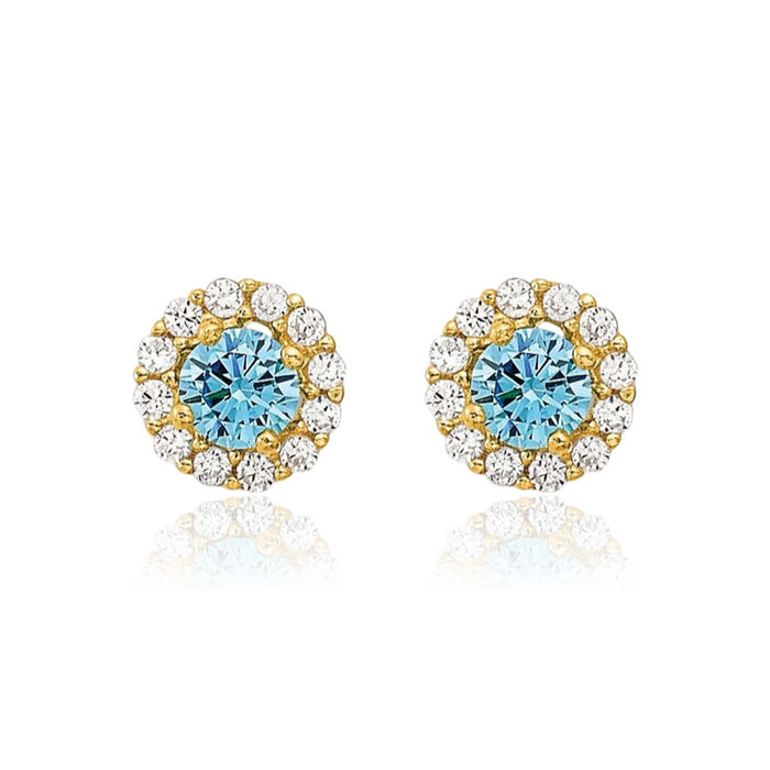 14K Solid Yellow Gold Blue Cubic Zirconia CZ Stud Earrings