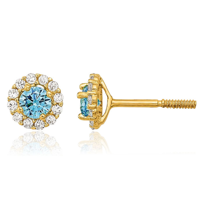 14K Solid Yellow Gold Blue Cubic Zirconia CZ Stud Earrings