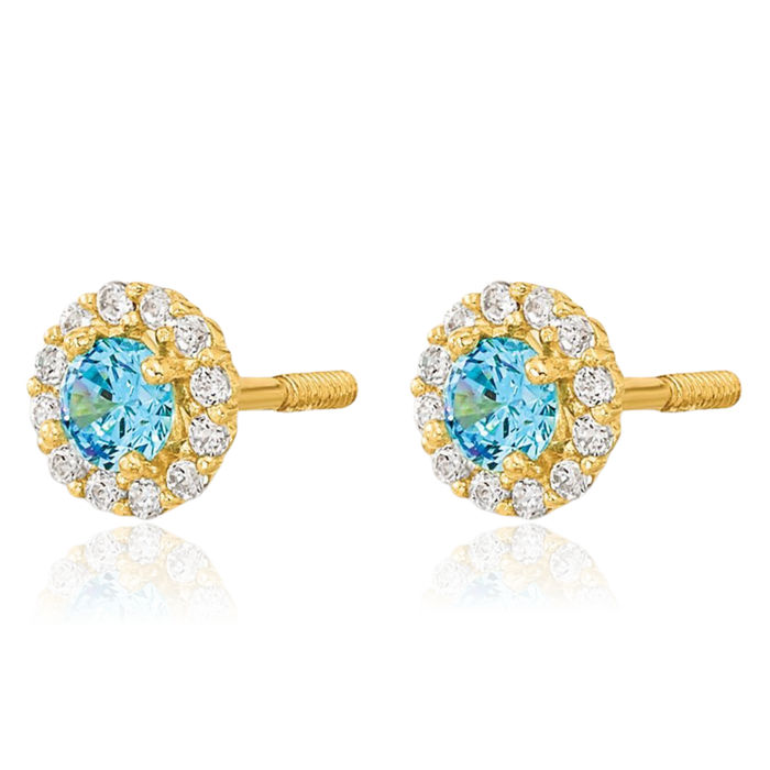 14K Solid Yellow Gold Blue Cubic Zirconia CZ Stud Earrings