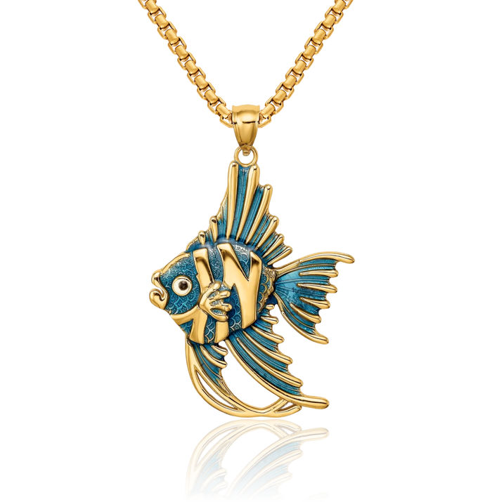 14K Solid Yellow Gold Blue Fish Necklace Chain Pendant Charm