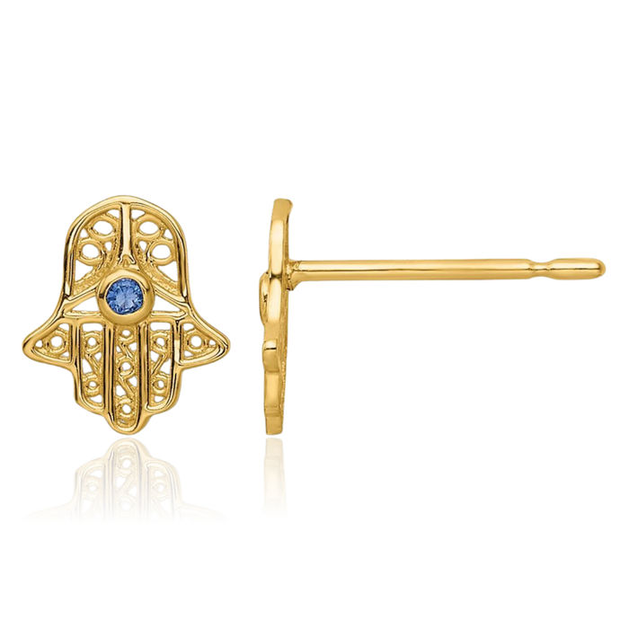 14K Solid Yellow Gold Blue Glass Stone Hamsa Hand of Fatima Evil Eye Protection Stud Earrings