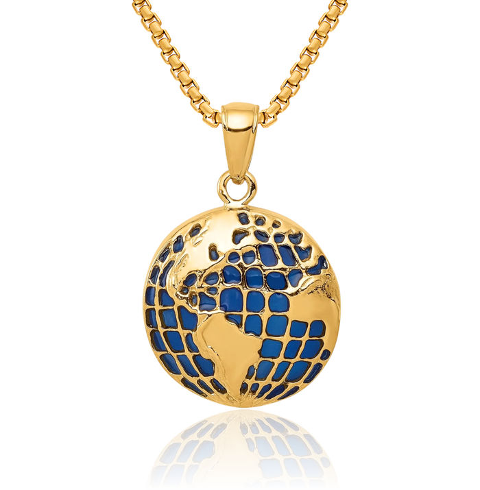 14K Solid Yellow Gold Blue Globe Necklace Chain Pendant Charm