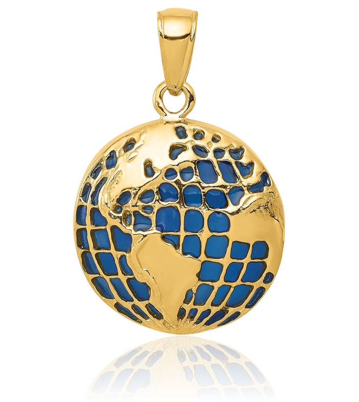 14K Solid Yellow Gold Blue Globe Necklace Chain Pendant Charm