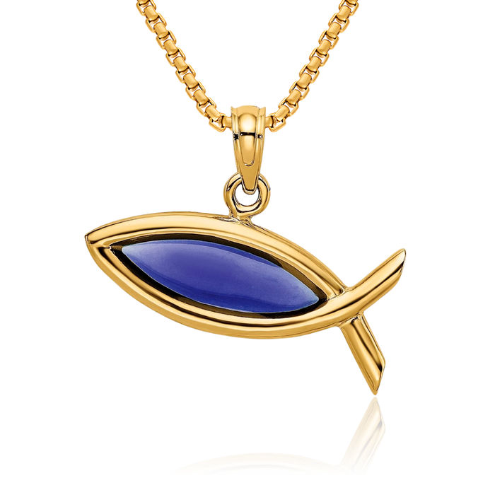 14K Solid Yellow Gold Blue Ichthus Fish Symbol Necklace Religious Chain Pendant Christian Jesus Christ Charm