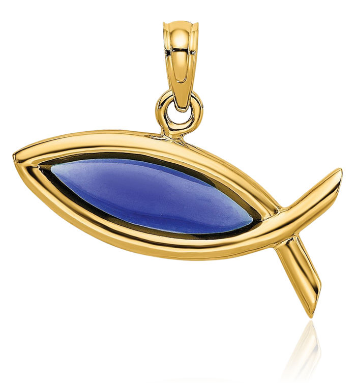 14K Solid Yellow Gold Blue Ichthus Fish Symbol Necklace Religious Chain Pendant Christian Jesus Christ Charm