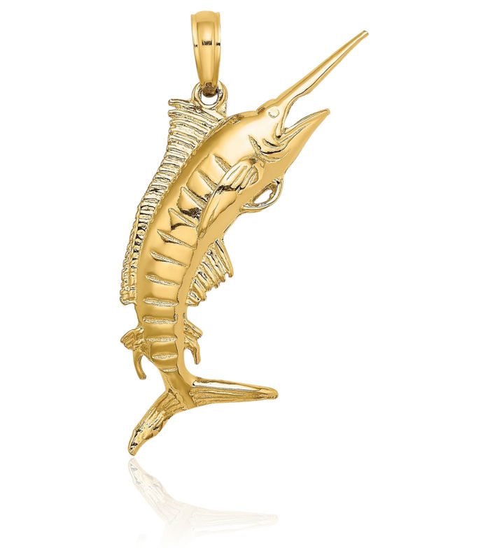 14K Solid Yellow Gold Blue Marlin Fish Necklace Chain Pendant Charm