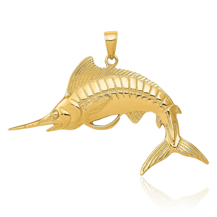 14K Solid Yellow Gold Blue Marlin Fish Necklace Chain Pendant Charm