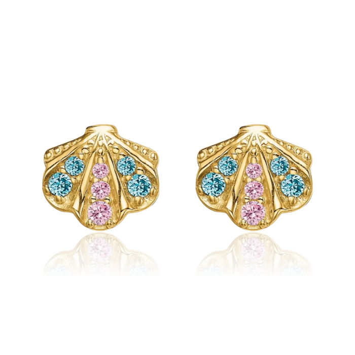 14K Solid Yellow Gold Blue Pink Cubic Zirconia CZ Seashell Stud Earrings