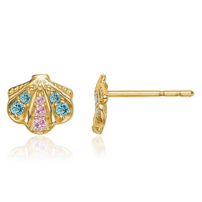 14K Solid Yellow Gold Blue Pink Cubic Zirconia CZ Seashell Stud Earrings