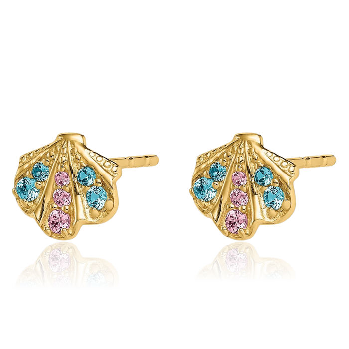 14K Solid Yellow Gold Blue Pink Cubic Zirconia CZ Seashell Stud Earrings