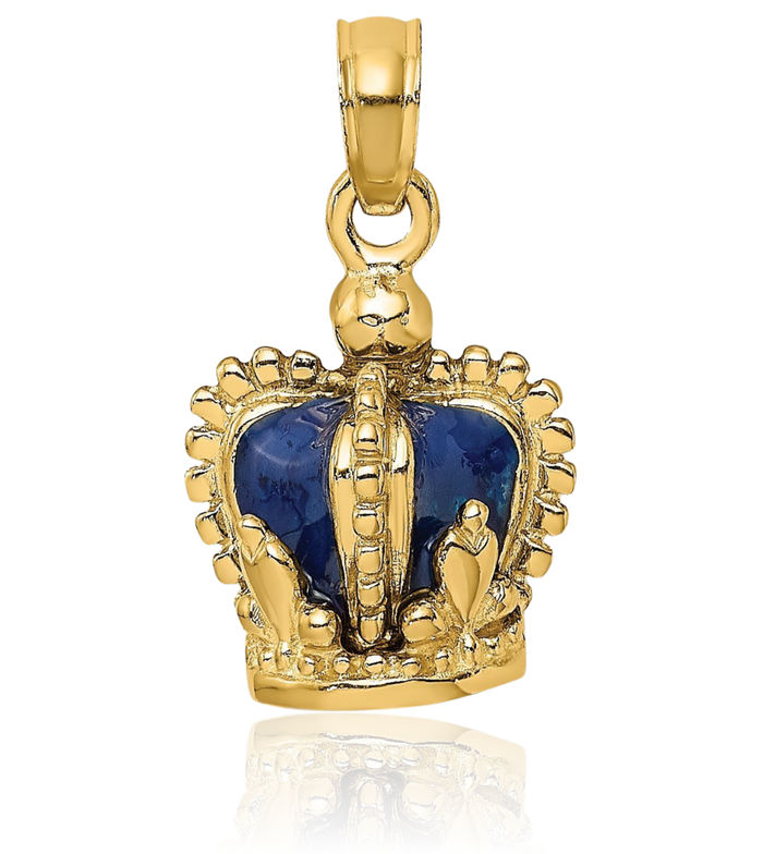 14K Solid Yellow Gold Blue Royal Princess Crown Necklace Chain Pendant Charm