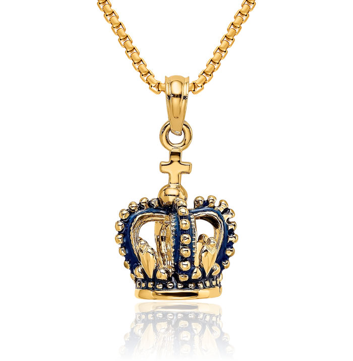 14K Solid Yellow Gold Blue Royal Princess Crown Necklace Chain Pendant Charm