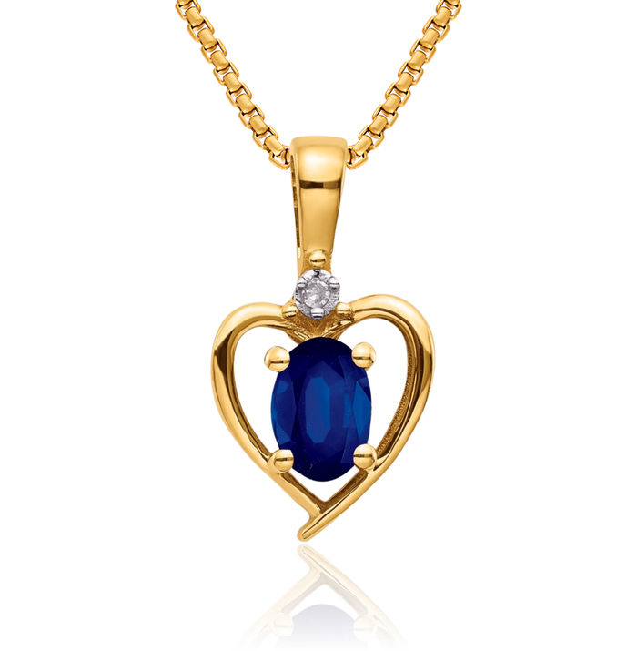 14K Solid Yellow Gold Blue Sapphire Diamond Heart Necklace Gemstone Pendant Charm April September Birthstone Jewelry