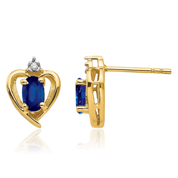 14K Solid Yellow Gold Blue Sapphire Diamond Heart Stud Earrings September Birthstone Jewelry