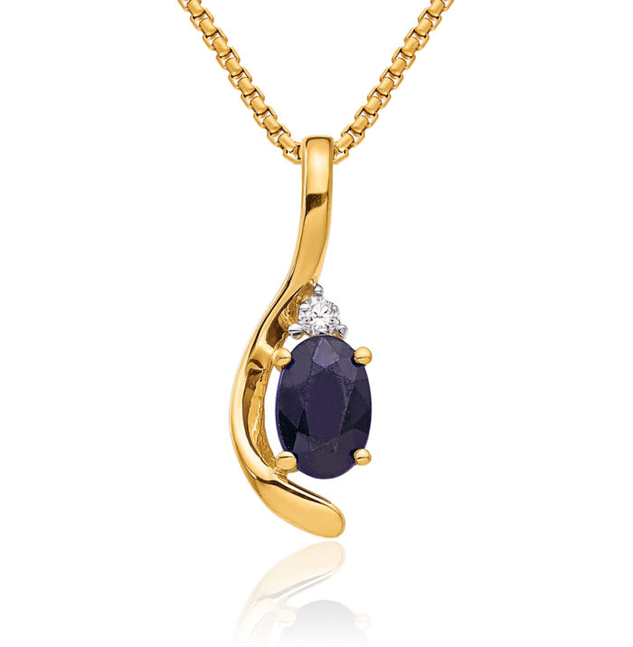 14K Solid Yellow Gold Blue Sapphire Diamond Necklace Gemstone Pendant Charm April September Birthstone Jewelry