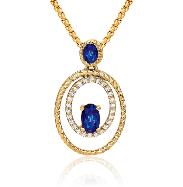14K Solid Yellow Gold Blue Sapphire Diamond Oval Necklace Charm Gemstone Pendant