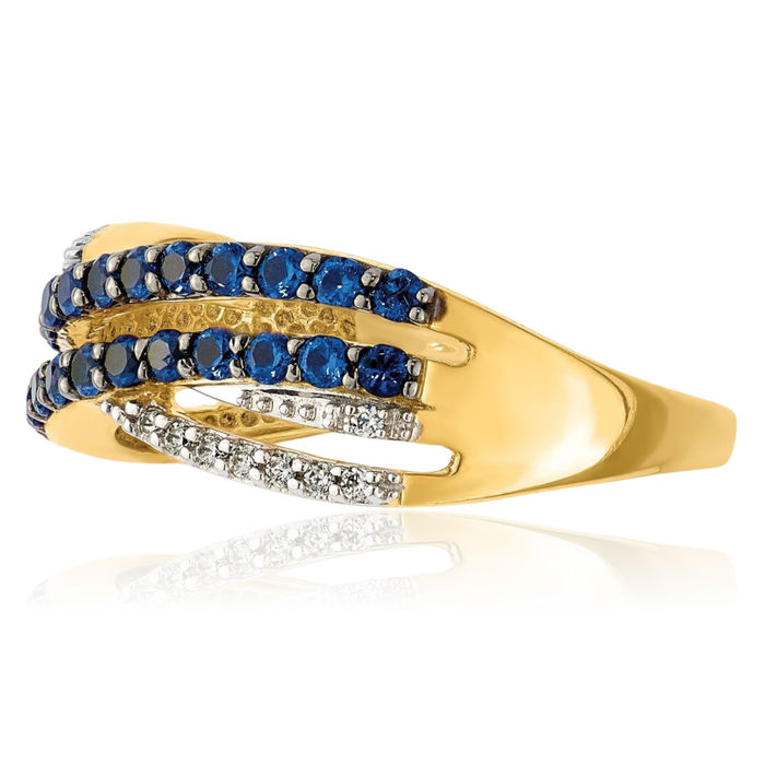 14K Solid Yellow Gold Blue Sapphire Diamond Ring Gemstone Band September Birthstone Jewelry