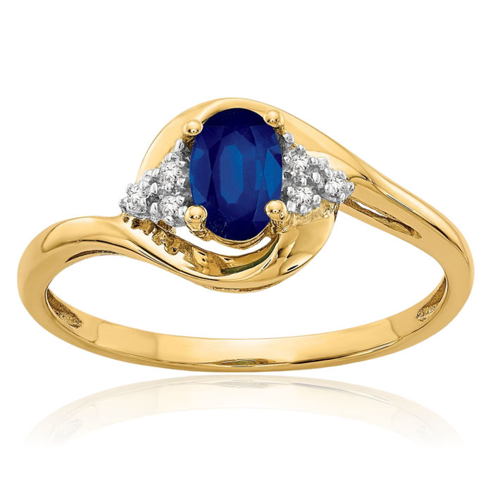 14K Solid Yellow Gold Blue Sapphire Diamond Ring Gemstone Band September Birthstone Jewelry