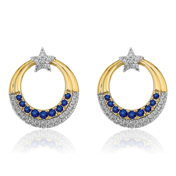 14K Solid Yellow Gold Blue Sapphire Diamond Star Circle Round Studs Gemstone Earrings