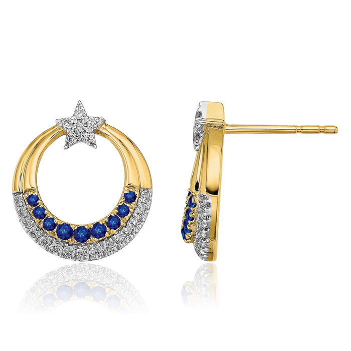 14K Solid Yellow Gold Blue Sapphire Diamond Star Circle Round Studs Gemstone Earrings