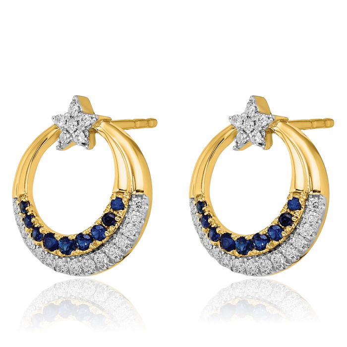 14K Solid Yellow Gold Blue Sapphire Diamond Star Circle Round Studs Gemstone Earrings