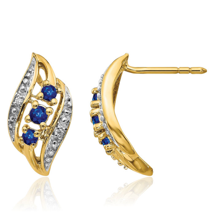 14K Solid Yellow Gold Blue Sapphire Diamond Stud Earrings Gemstone Post Push Back