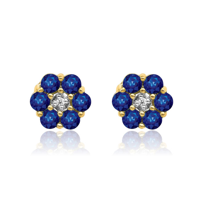 14K Solid Yellow Gold Blue Sapphire Diamond Stud Earrings Gemstone Post Push Back