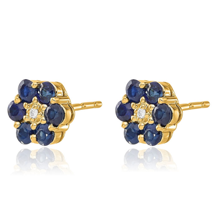 14K Solid Yellow Gold Blue Sapphire Diamond Stud Earrings Gemstone Post Push Back