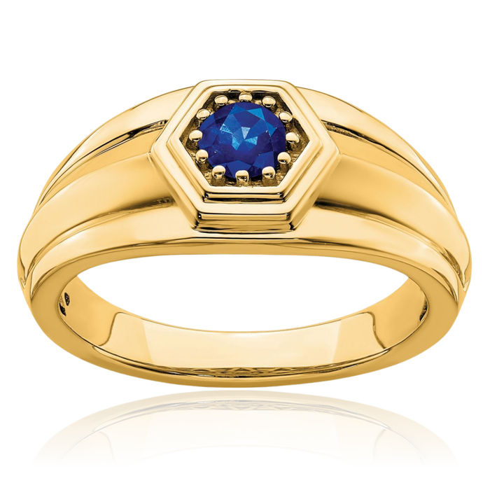 14K Solid Yellow Gold Blue Sapphire Mens Ring Gemstone Band