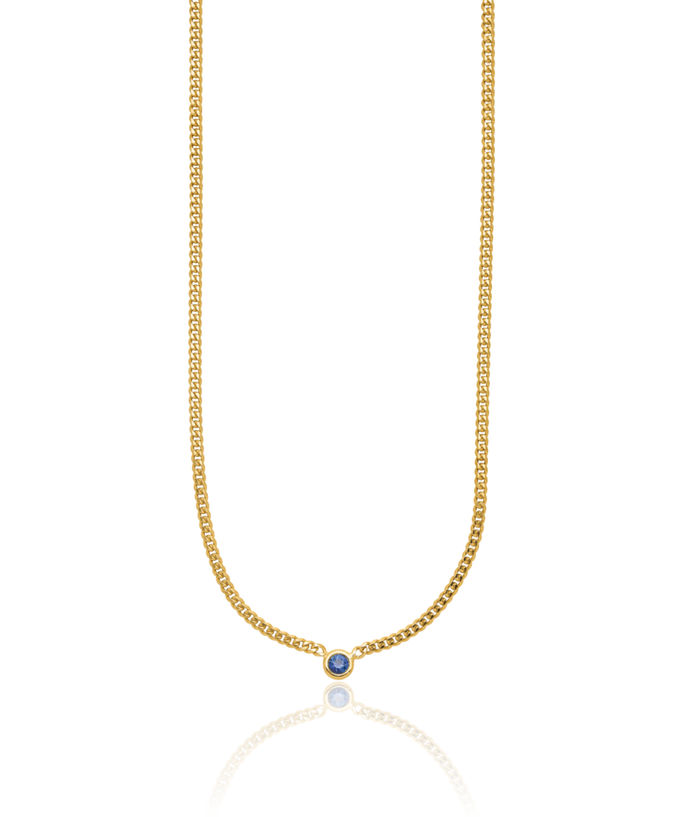 14K Solid Yellow Gold Blue Sapphire Necklace Curb Link Chain Gemstone Pendant Charm