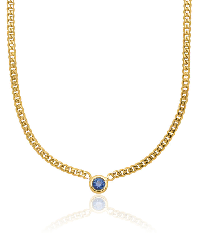 14K Solid Yellow Gold Blue Sapphire Necklace Curb Link Chain Gemstone Pendant Charm