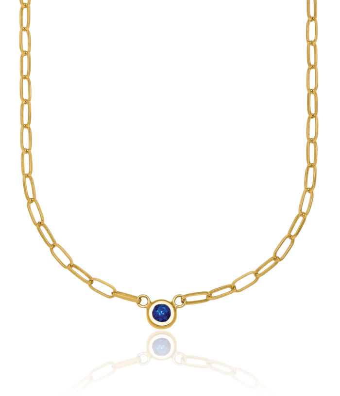 14K Solid Yellow Gold Blue Sapphire Oval Link Necklace Chain Gemstone Pendant Charm