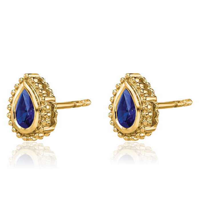 14K Solid Yellow Gold Blue Sapphire Studs Pear Teardrop Gemstone Earrings September Birthstone Jewelry