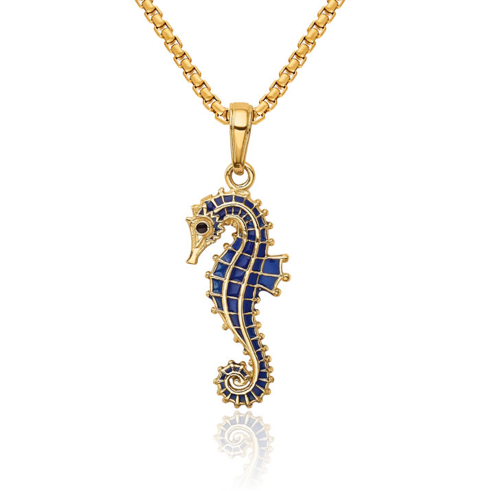 14K Solid Yellow Gold Blue Seahorse Necklace Chain Pendant Charm