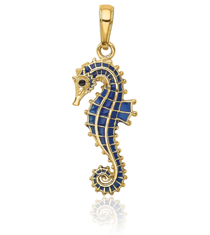 14K Solid Yellow Gold Blue Seahorse Necklace Chain Pendant Charm