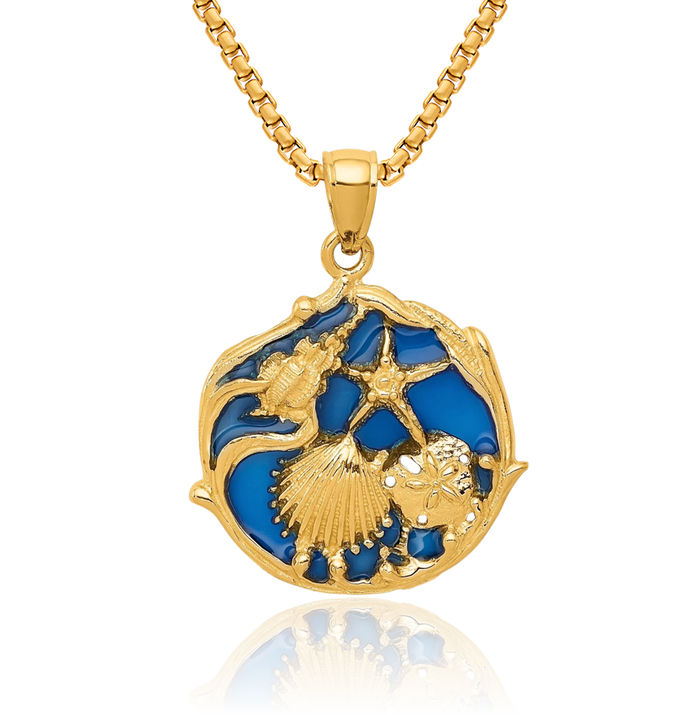 14K Solid Yellow Gold Blue Shell Necklace Chain Pendant Charm