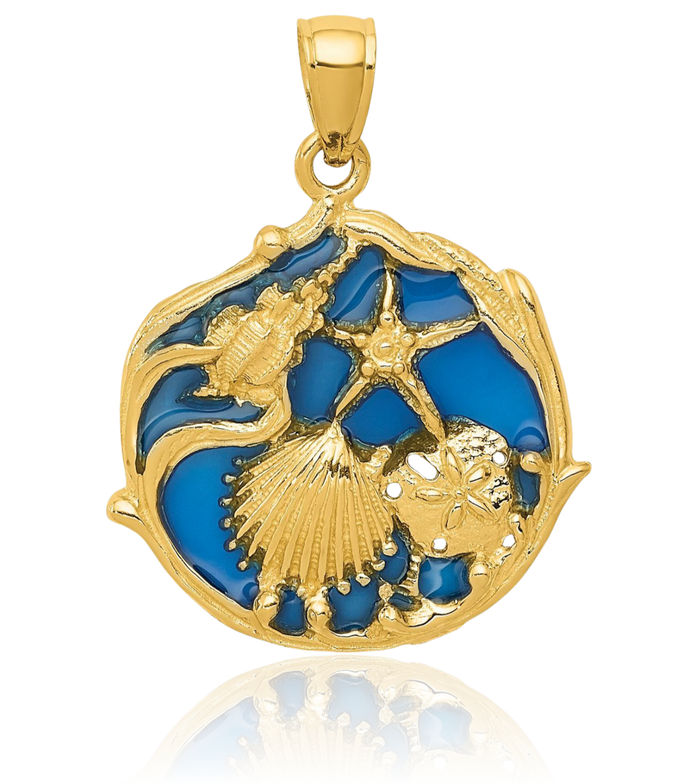 14K Solid Yellow Gold Blue Shell Necklace Chain Pendant Charm