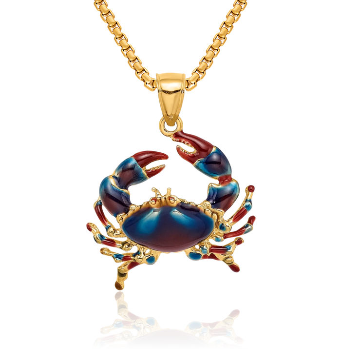 14K Solid Yellow Gold Blue Stone Crab Claw Necklace Chain Pendant Charm