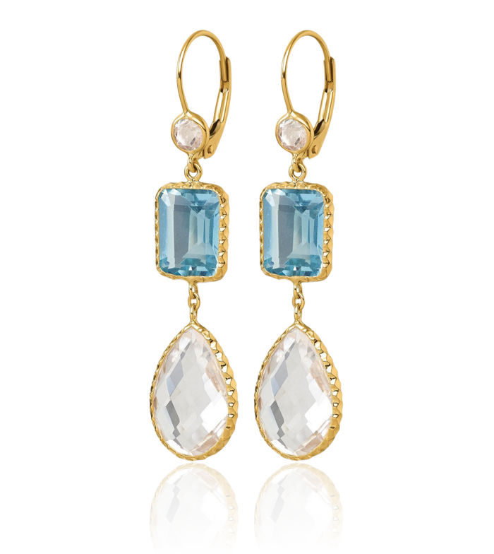 14K Solid Yellow Gold Blue White Topaz Rhinestone Crystals Drop Dangle Earrings Gemstone