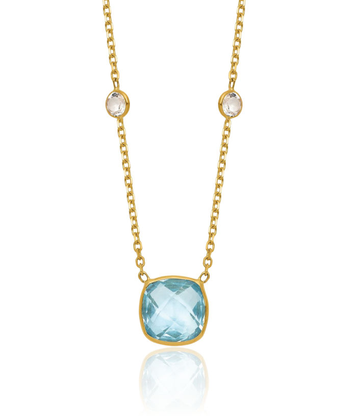 14K Solid Yellow Gold Blue White Topaz Necklace Chain Gemstone Pendant Charm