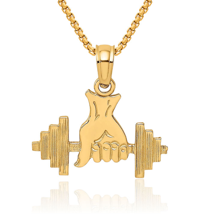 14K Solid Yellow Gold Bodybuilder Barbell Necklace Weightlifting Gym Sports Pendant Lover Fitness Charm