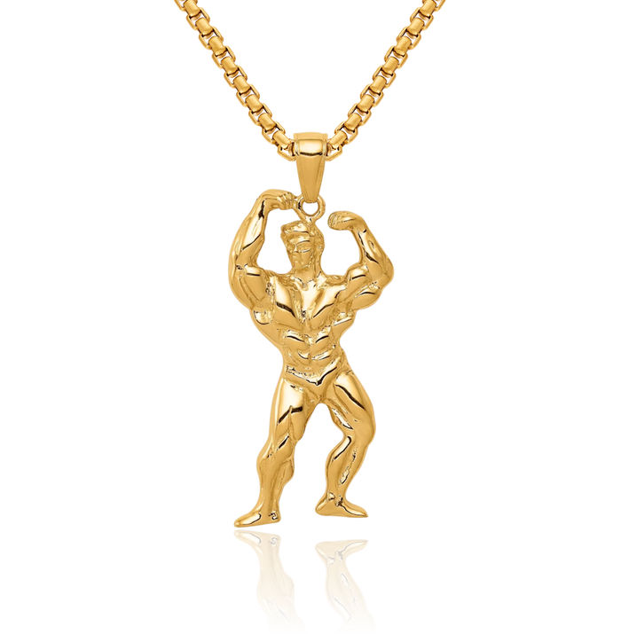 14K Solid Yellow Gold Bodybuilder Necklace Weightlifting Gym Sports Pendant Lover Fitness Charm