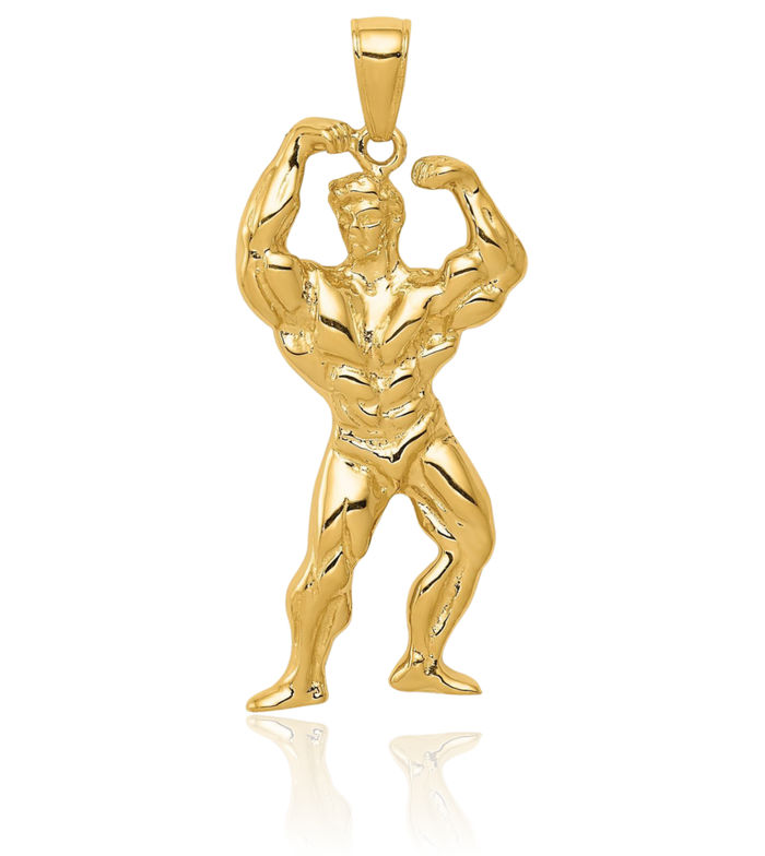 14K Solid Yellow Gold Bodybuilder Necklace Weightlifting Gym Sports Pendant Lover Fitness Charm