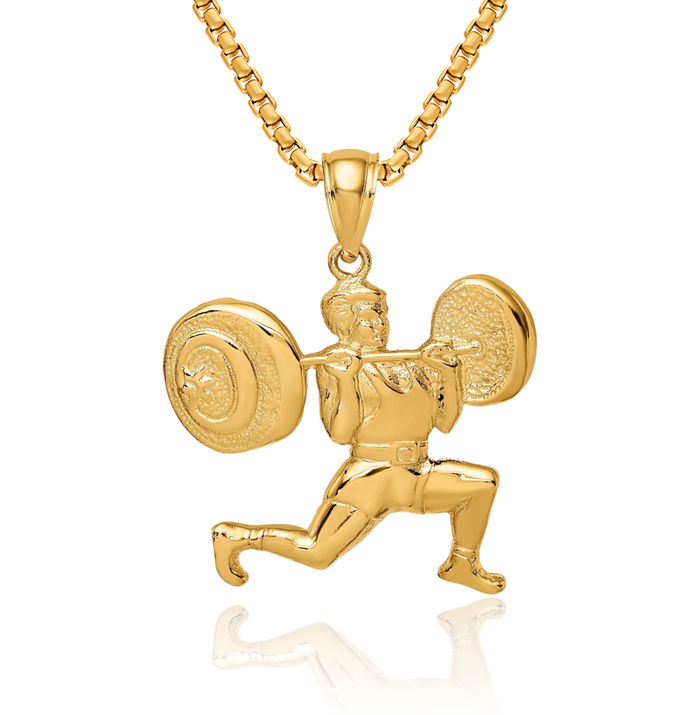 14K Solid Yellow Gold Bodybuilder Necklace Weightlifting Gym Sports Pendant Lover Fitness Charm