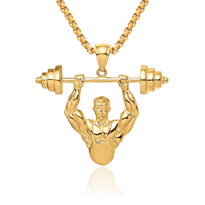 14K Solid Yellow Gold Bodybuilder Necklace Weightlifting Gym Sports Pendant Lover Fitness Charm