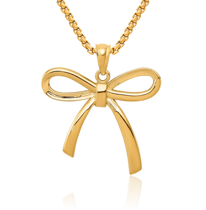 14K Solid Yellow Gold Bow Necklace Chain Pendant Charm