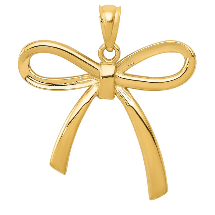 14K Solid Yellow Gold Bow Necklace Chain Pendant Charm