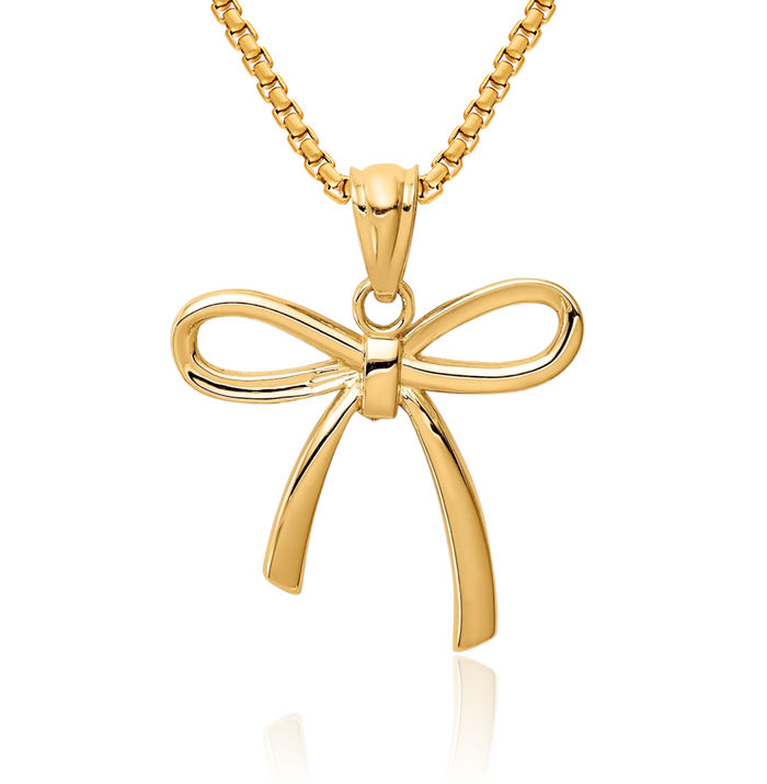 14K Solid Yellow Gold Bow Necklace Chain Pendant Charm